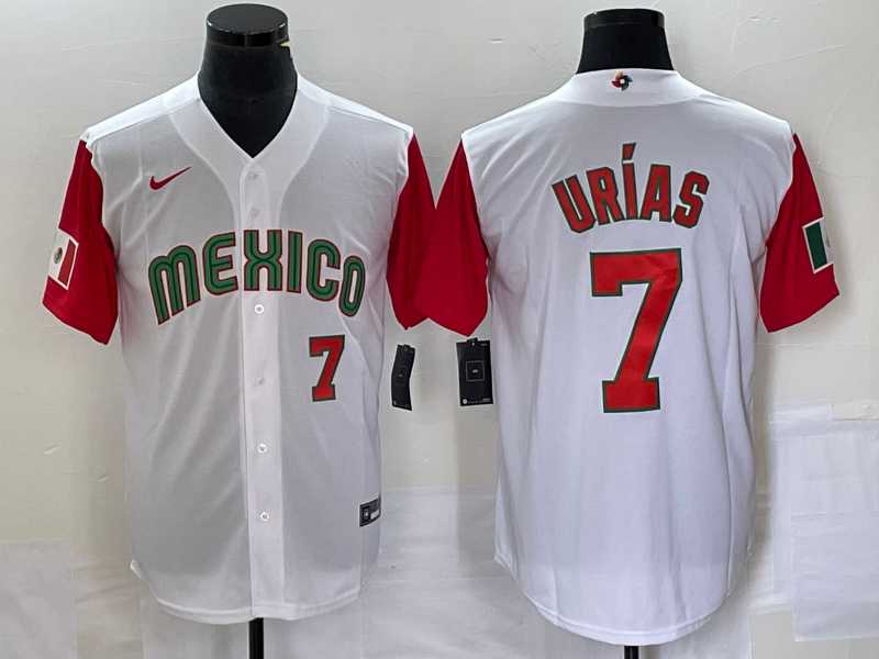 Men%27s Mexico Baseball #7 Julio Urias Number 2023 White Red World Classic Stitched Jersey 19
